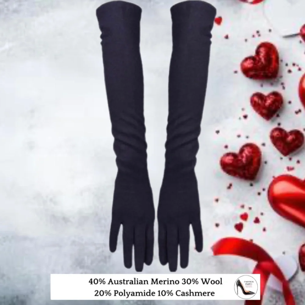 Black Long Cashmere Merino Wool Gloves Luxury Elbow Length Cashmere Gloves Gift
